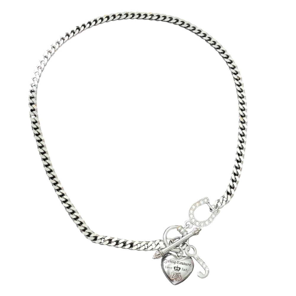 Vtg Silver Juicy Couture Toggle Necklace Silver Tone Puffy Heart Chunky Link - Picture 3 of 10
